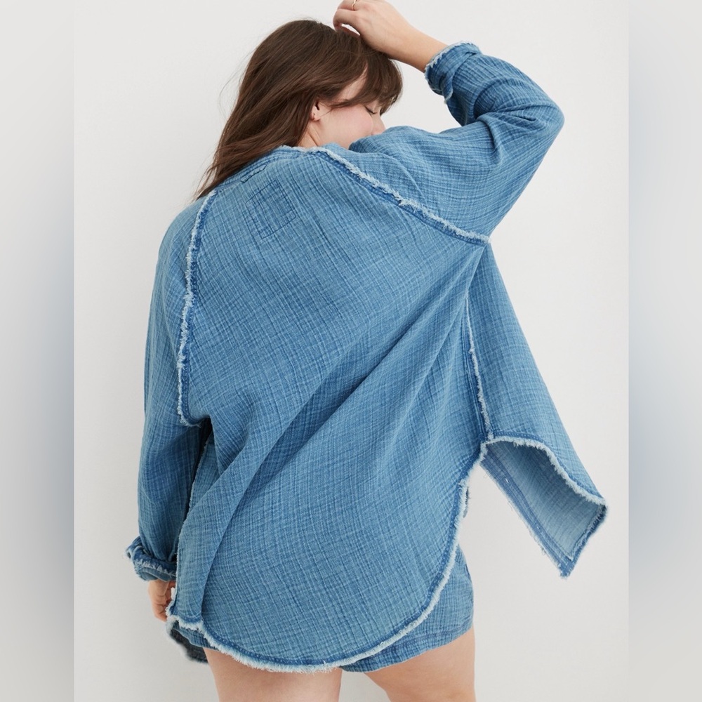 Aerie Gauzy Coverup Shirt, Light Wash, XXL - Picture 3 of 5